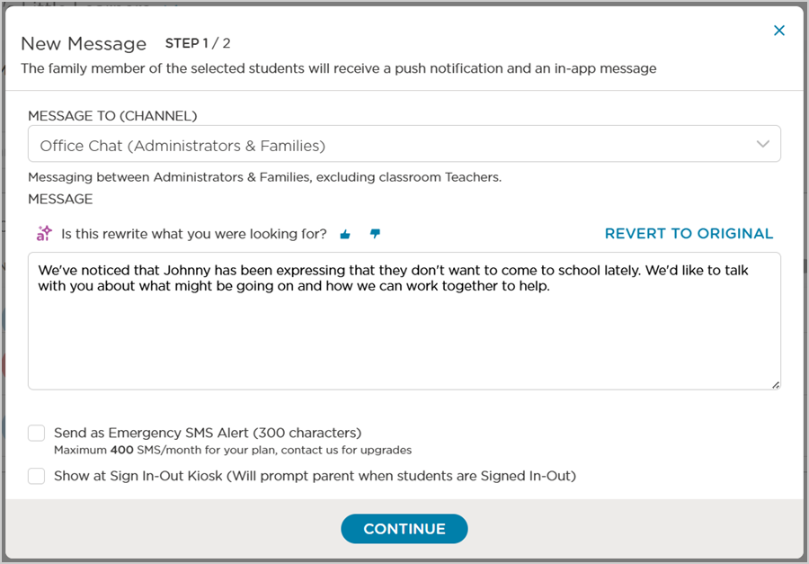 message text rewritten with options to rate text or revert to original